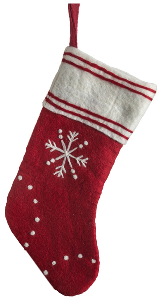 Wool Felt Stocking w/ Snowflake Design - Red