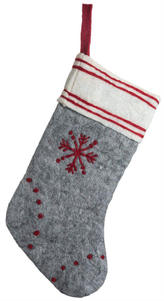 Wool Felt Stocking w/ Snowflake Design - Gray