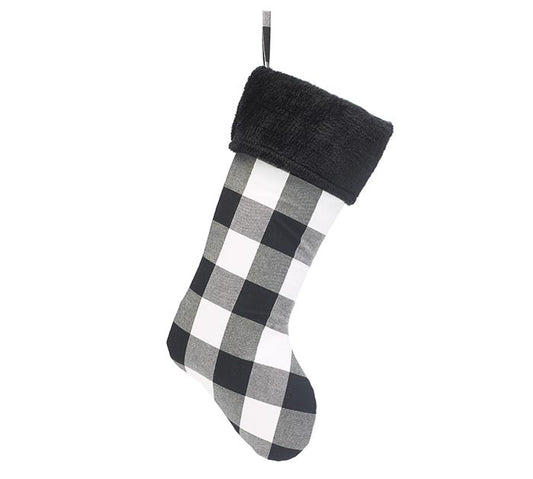 WHITE/BLACK PLAID STOCKING WITH FUR CUFF