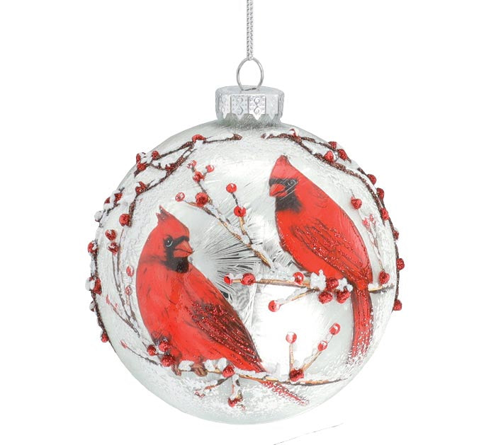TWO RED CARDINALS GLASS ORNAMENT