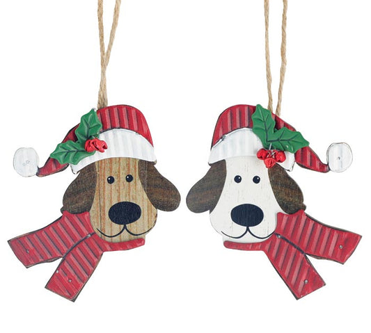 Wooden dog ornament with tin hat
