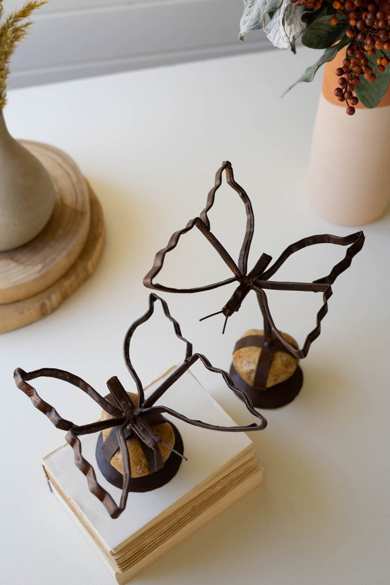 SET OF TWO SISTER CLARA BUTTERFLIES ON CAGED ROCK BASE