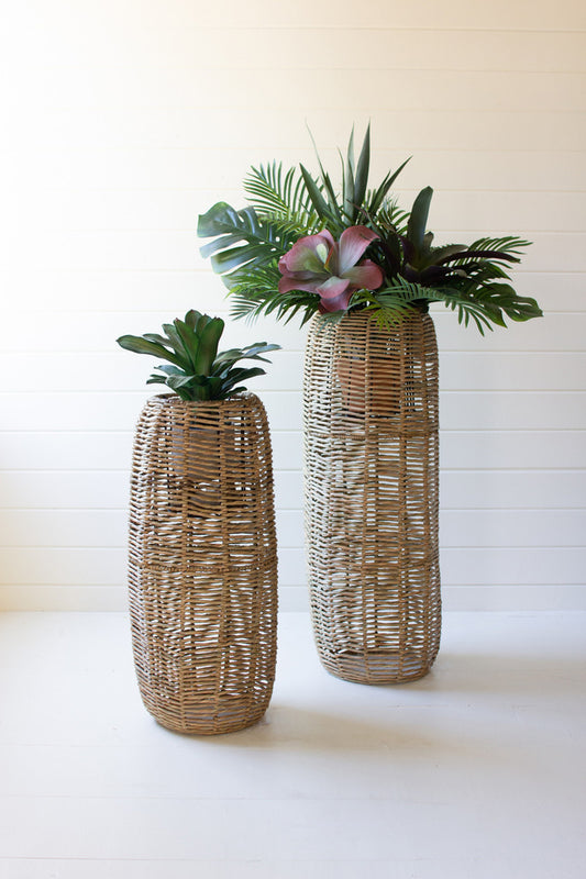 SET OF TWO WOVEN SEAGRASS BARREL PLANTERS