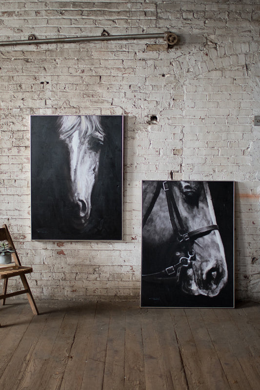 OIL PAINTING BLACK & WHITE SIDE VIEW HORSE W SILVER FRAME