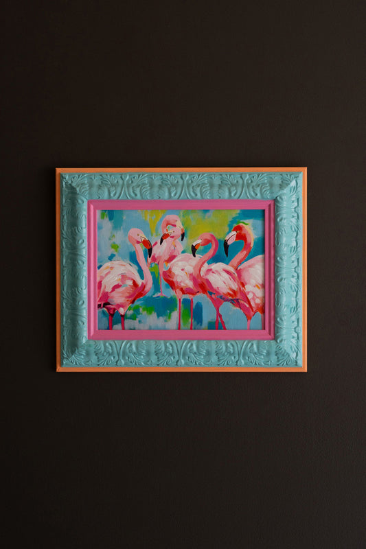 Framed Blue, Pink and Orange Flamingos