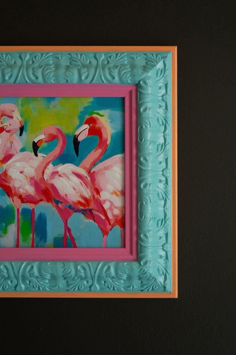 Framed Blue, Pink and Orange Flamingos