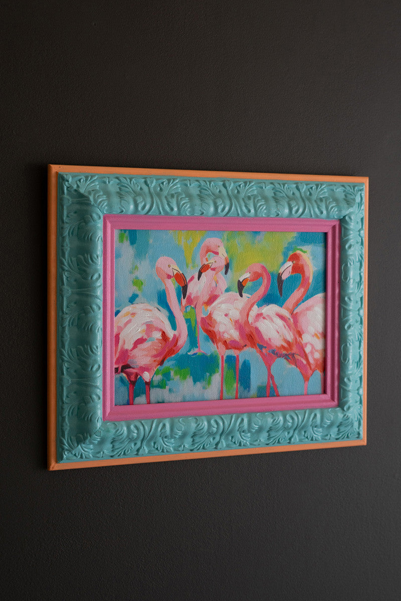 Framed Blue, Pink and Orange Flamingos