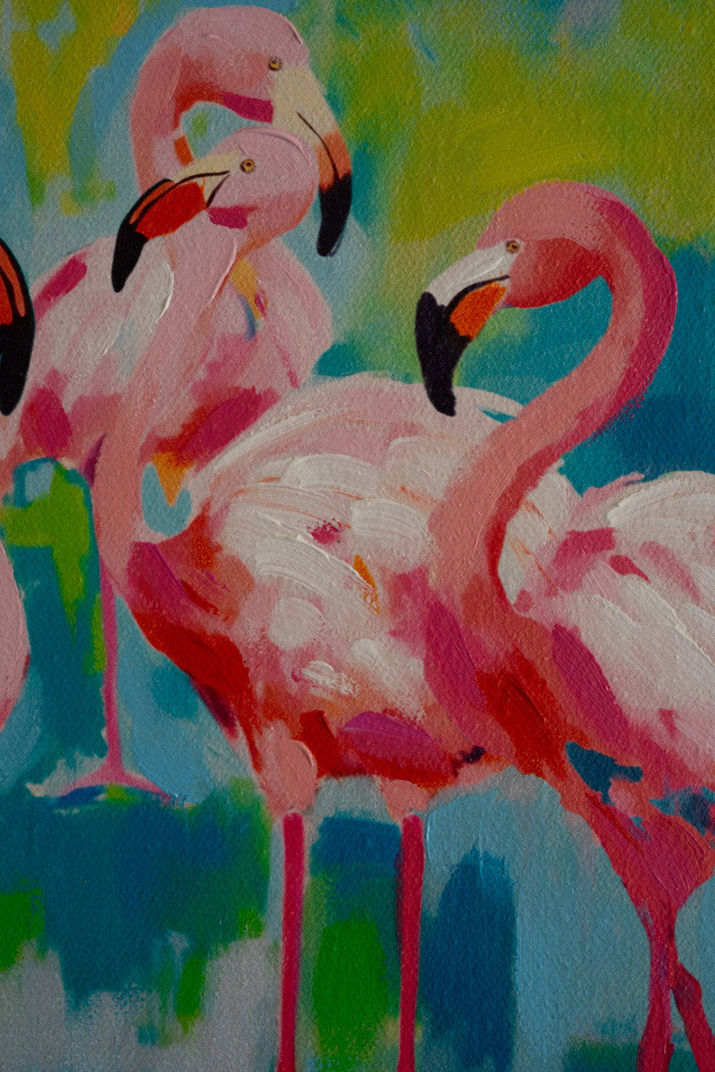 Framed Blue, Pink and Orange Flamingos