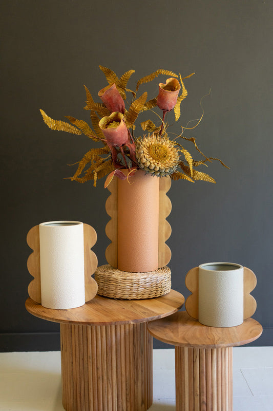 Set of 3 Painted Metal Vases with Wood Handles