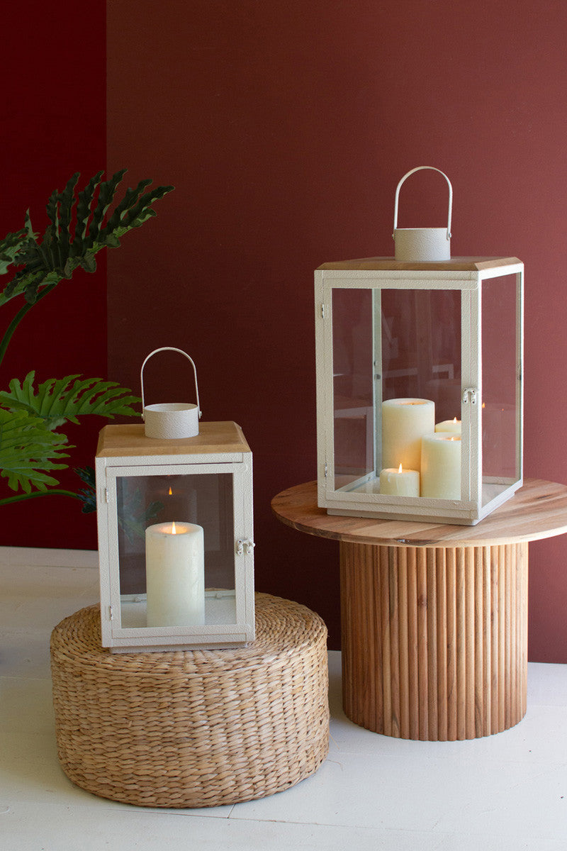 Set of 2 Metal and Wood Lanterns with Glass Sides