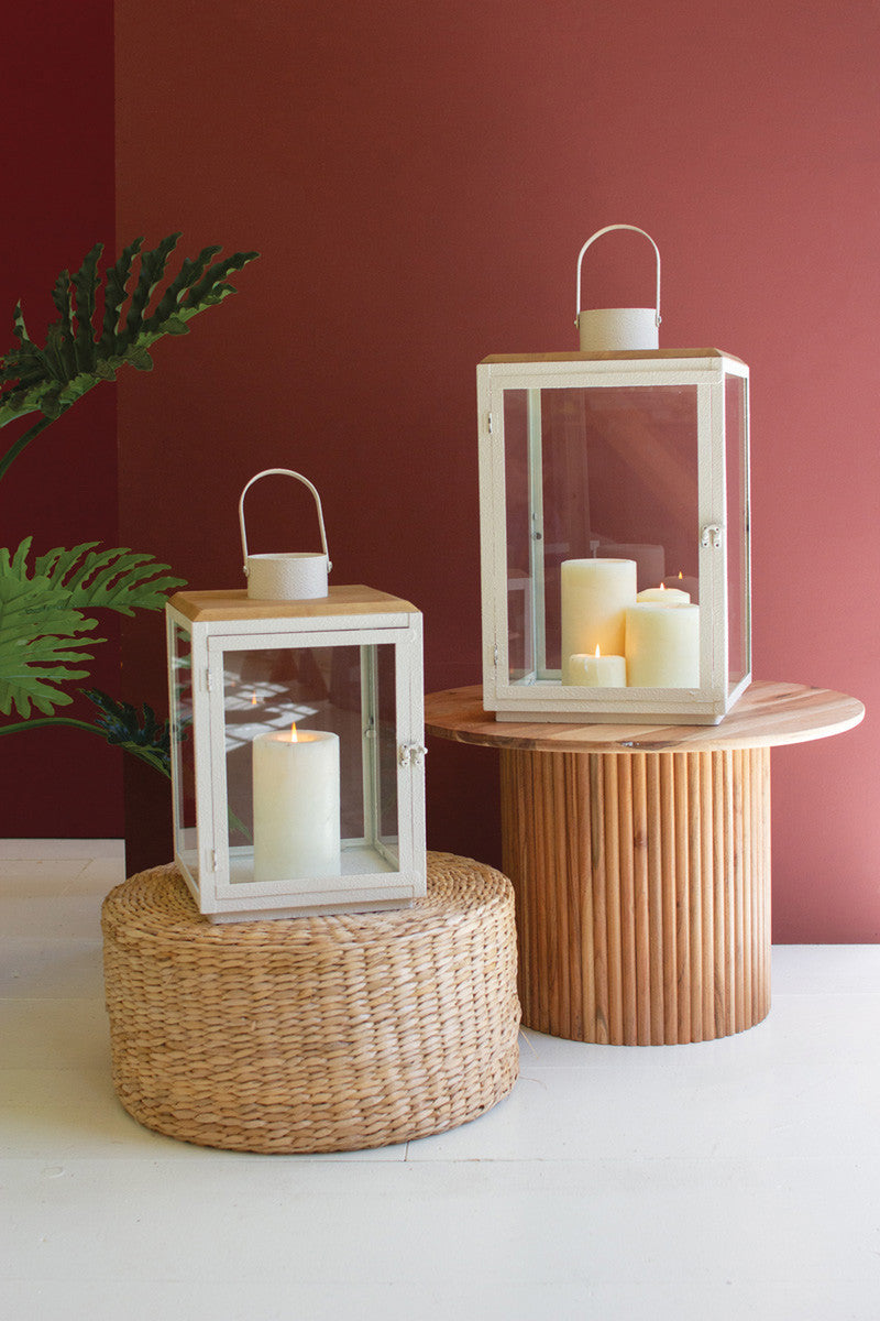 Set of 2 Metal and Wood Lanterns with Glass Sides