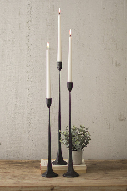 SET OF THREE TALL CAST IRON TAPER CANDLE HOLDERS