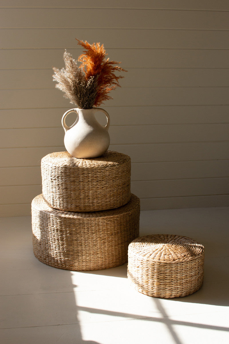 SET OF THREE ROUND NATURAL SEAGRASS STOOLS
