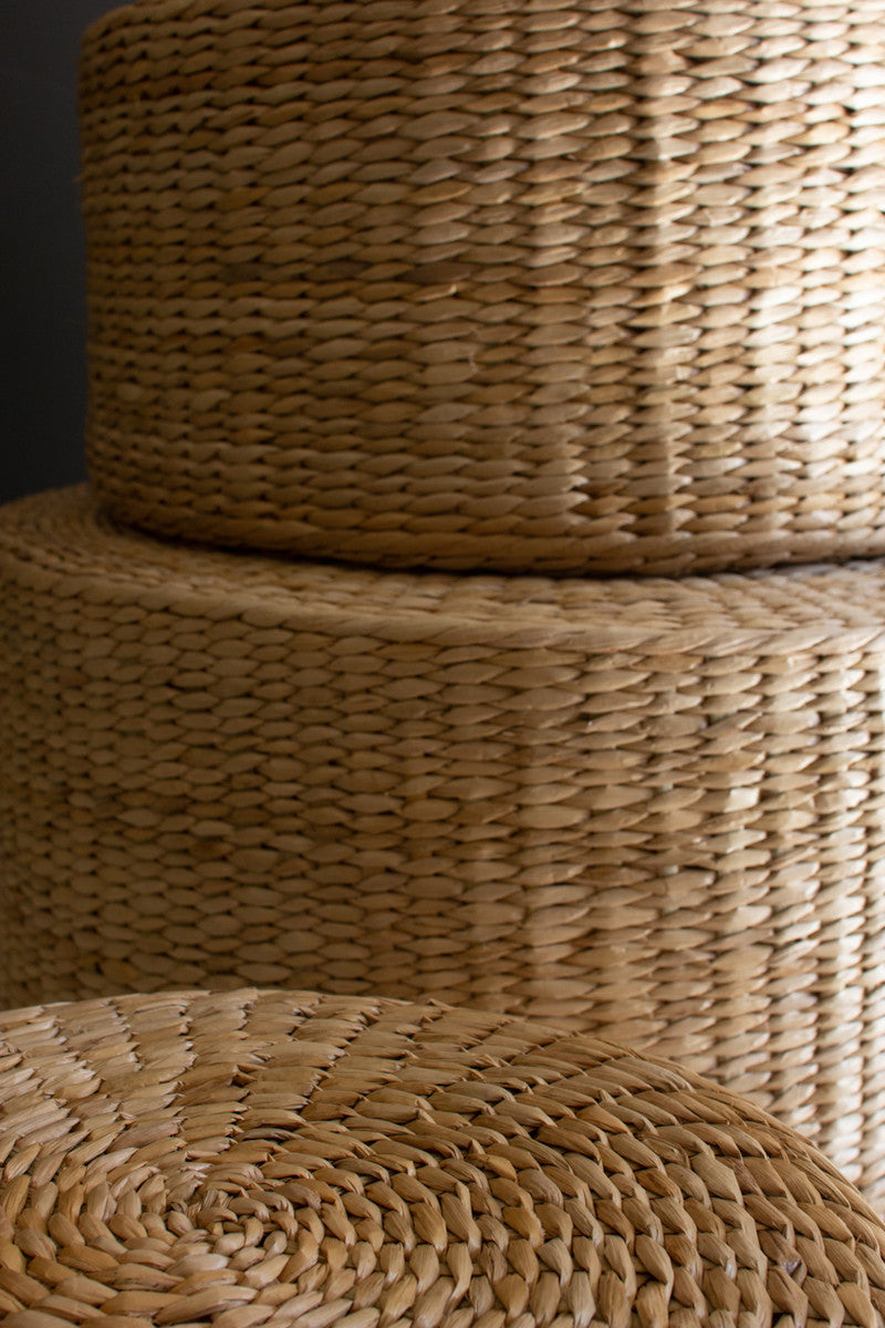 SET OF THREE ROUND NATURAL SEAGRASS STOOLS