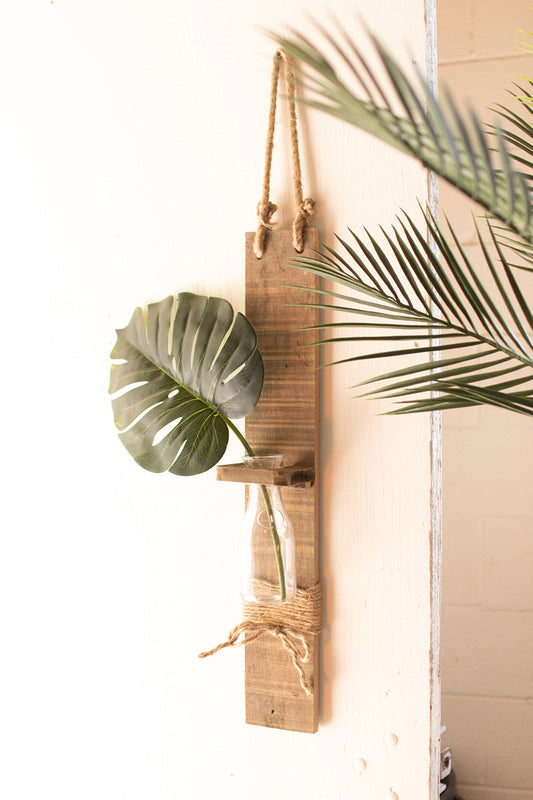 GLASS BOTTLE BUD VASE ON RECYCLED WOOD WITH ROPE HANGER