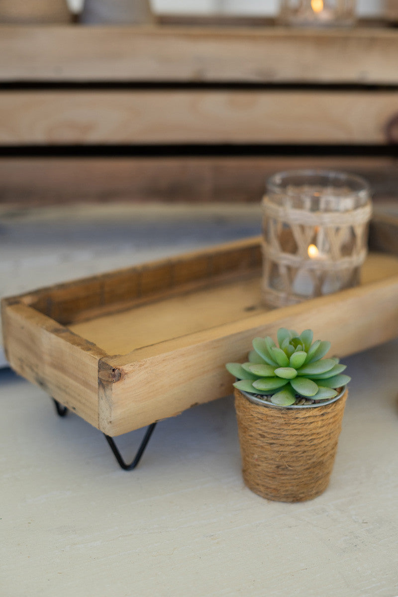 SET OF FOUR RECYCLED WOODEN TRAYS WITH WIRE BASES