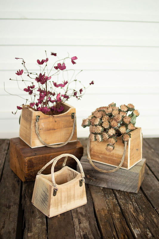 SET OF THREE RUSTIC RECYCLED WOOD HAND BAG PLANTERS