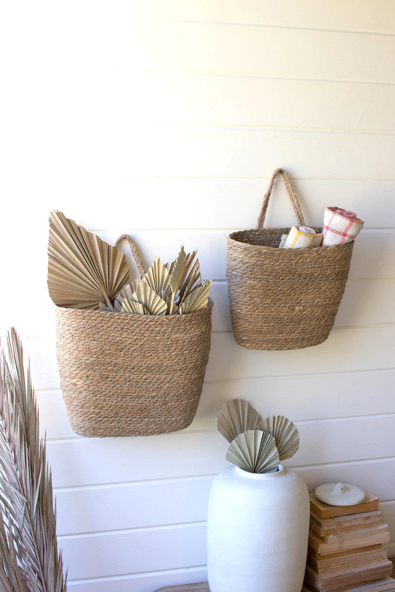 SET OF TWO TALL OVAL WOVEN SEAGRASS BASKETS