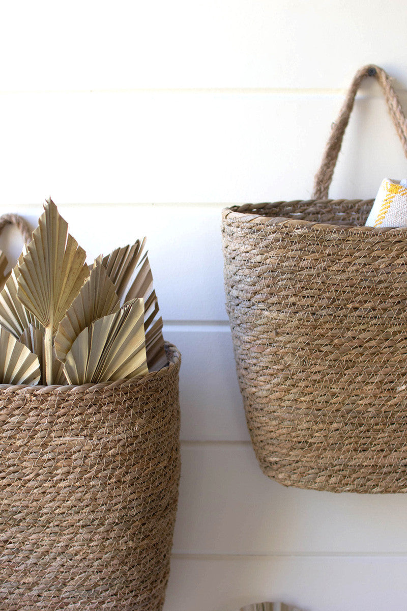 SET OF TWO TALL OVAL WOVEN SEAGRASS BASKETS