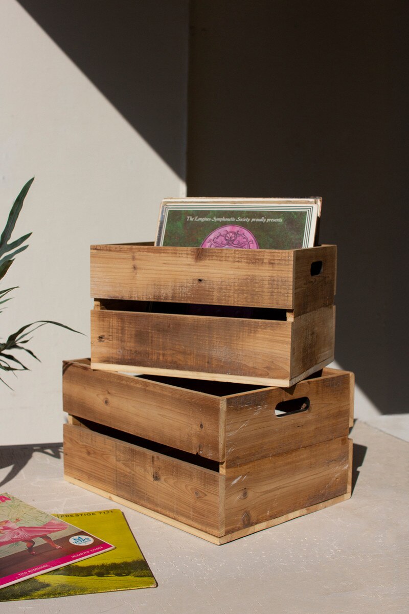 Set of 2 Natural Finish Slatted Wooden Crates