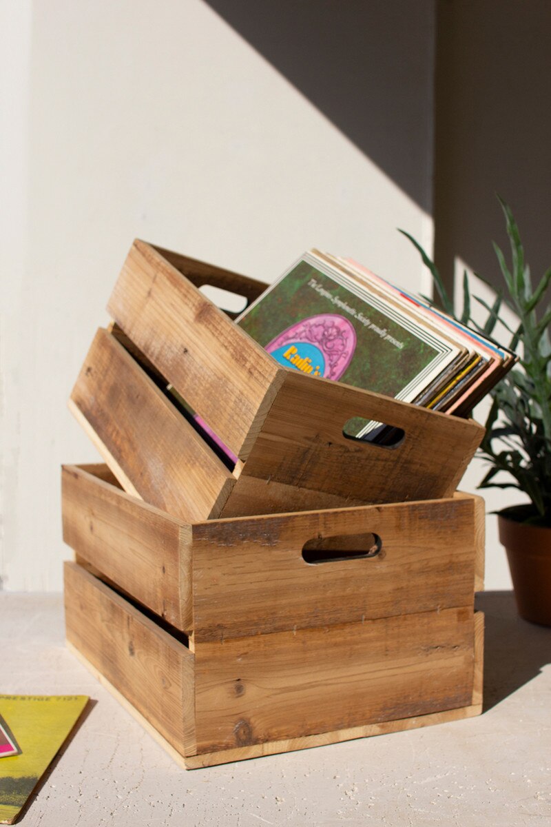 Set of 2 Natural Finish Slatted Wooden Crates