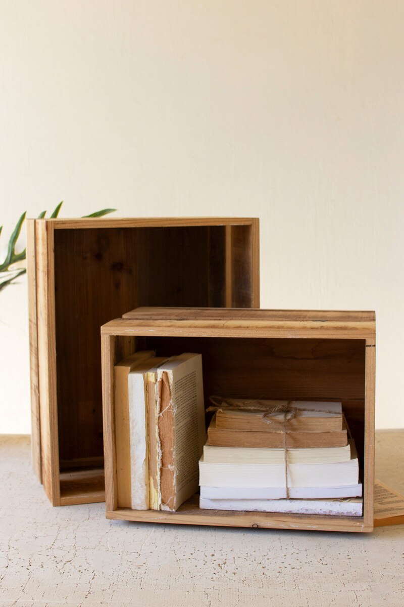 Set of 2 Natural Finish Slatted Wooden Crates