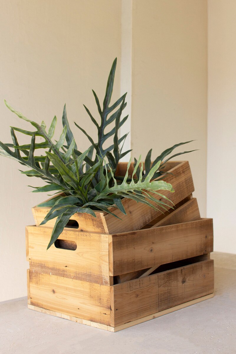 Set of 2 Natural Finish Slatted Wooden Crates