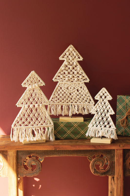 Set of 3 Macrame Christmas Trees on Wood Bases