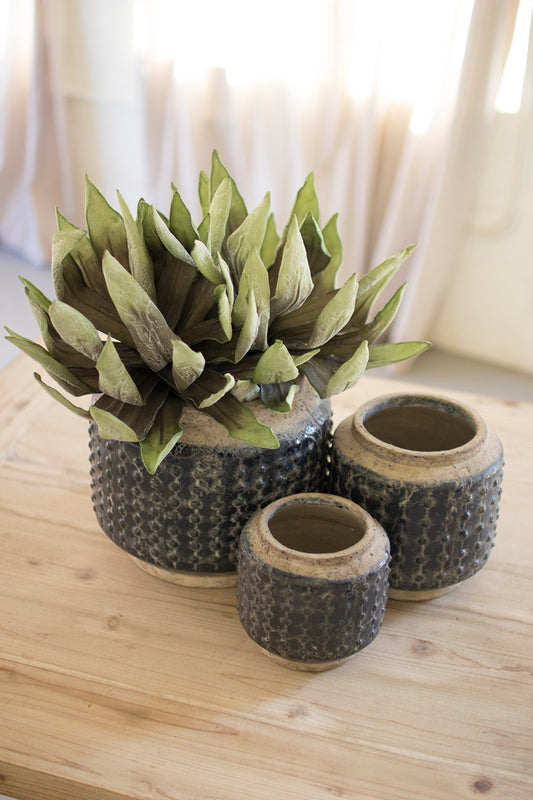 SET OF THREE DARK BLUE KNOBBY CERAMIC POTS