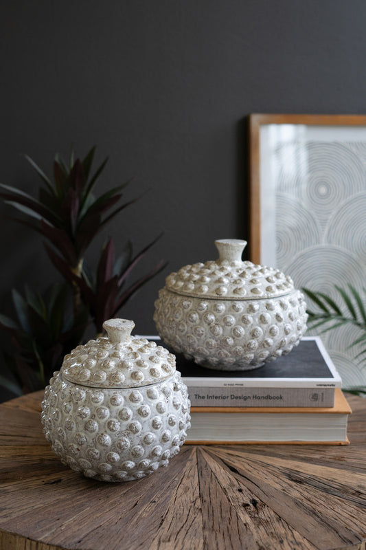 SET OF TWO ROUND KNOBBY WHITE CERAMIC  CANISTERS - SEA URCHINS