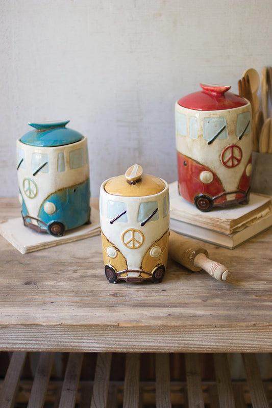 SET OF THREE CERAMIC VAN CANISTERS WITH SURFBOARD HANDLES