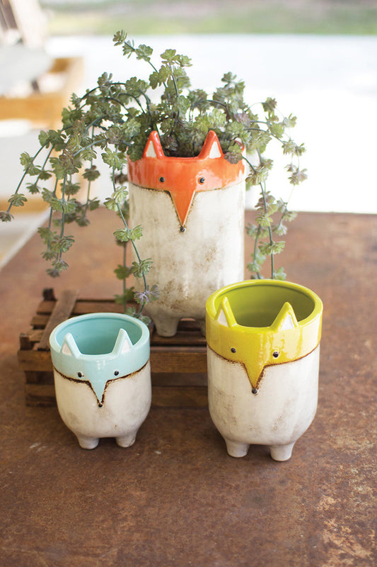 SET OF THREE CERAMIC FOX PLANTERS