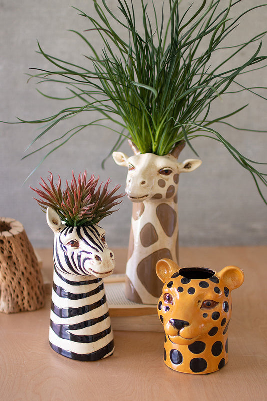 SET OF THREE CERAMIC SAFARI ANIMAL SUCCULENT HOLDERS