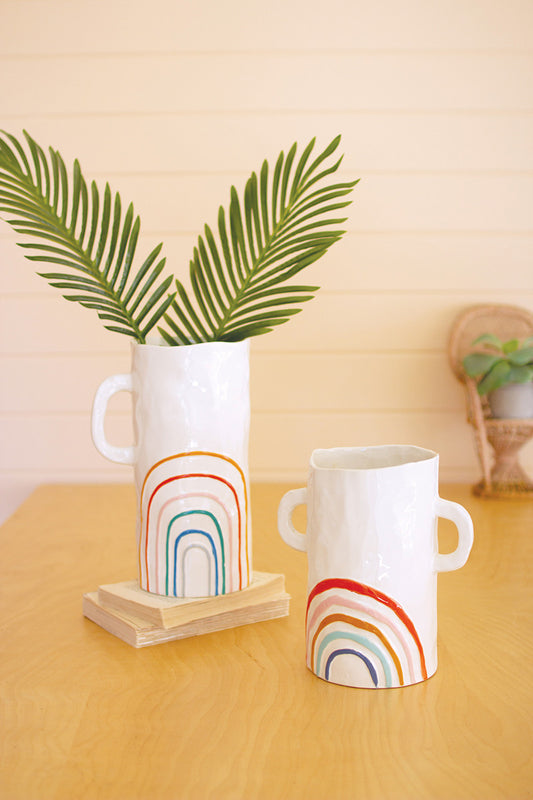 SET OF TWO CERAMIC RAINBOW VASES WITH HANDLES