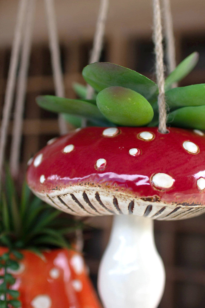 SET OF TWO CERAMIC  TOADSTOOL HANGING PLANTERS