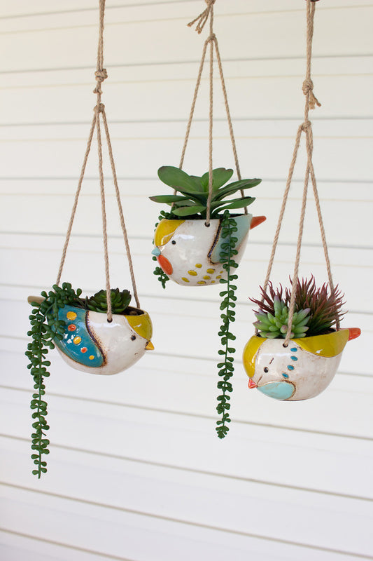 SET OF THREE CERAMIC HANGING BIRD PLANTERS