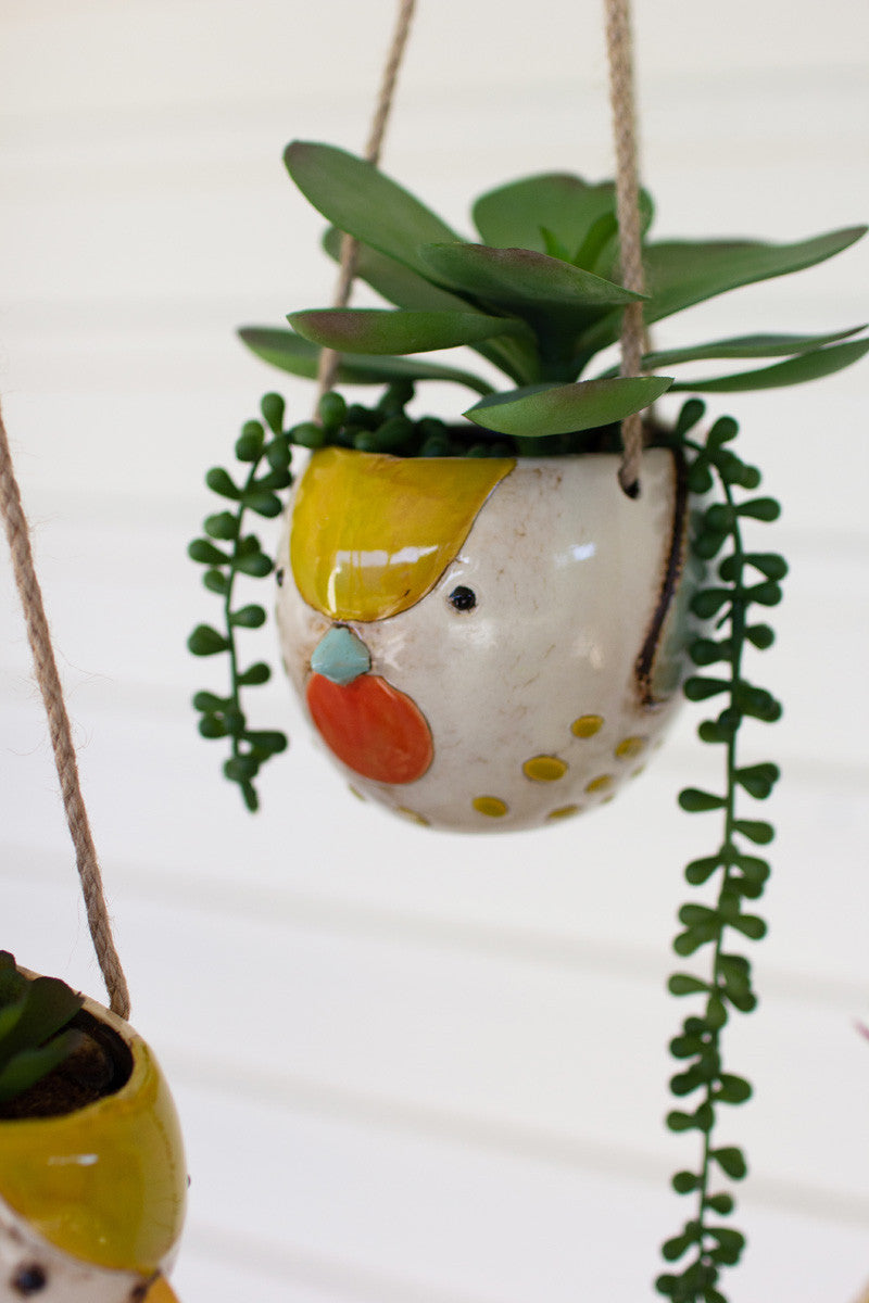 SET OF THREE CERAMIC HANGING BIRD PLANTERS