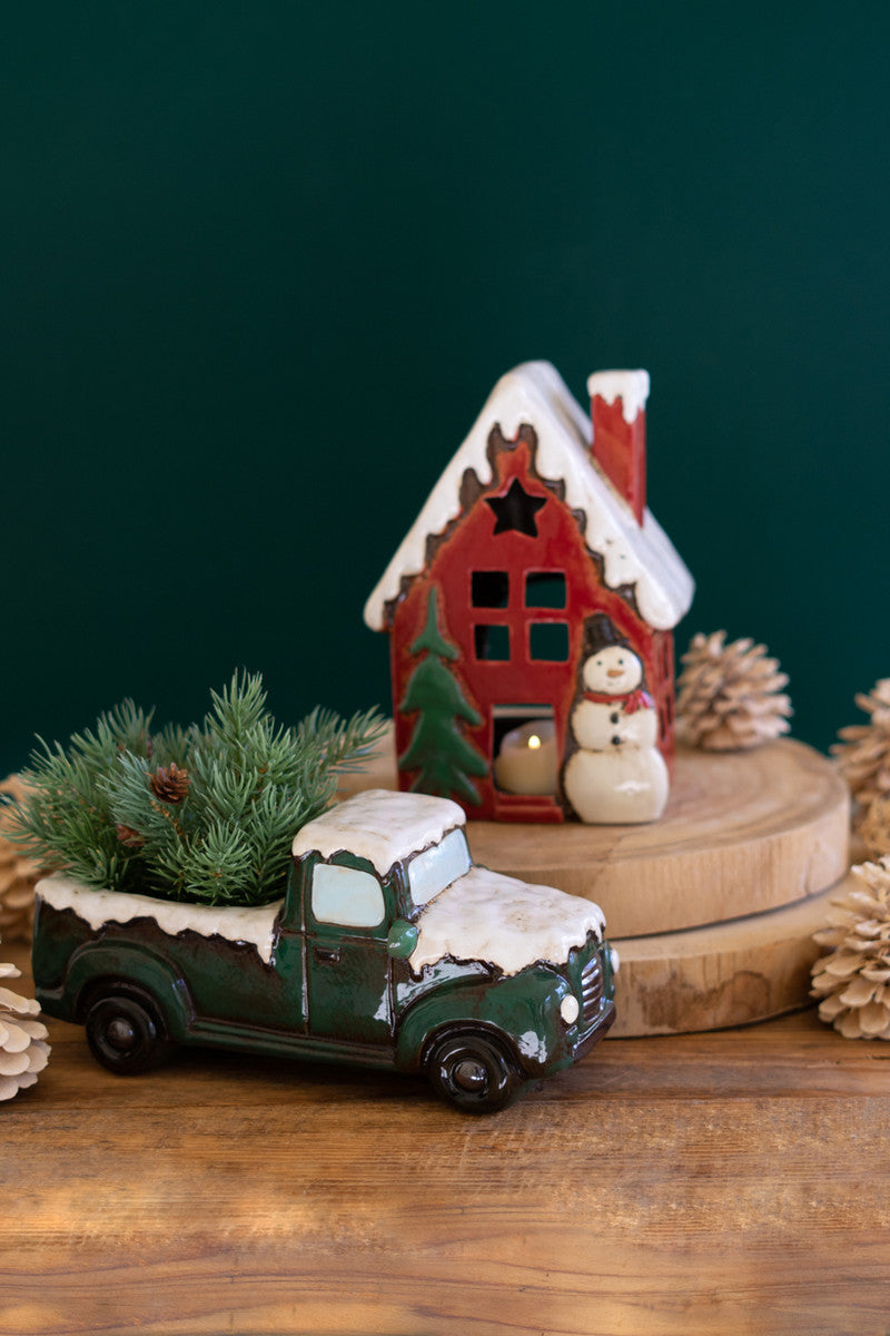 SET OF TWO CERAMIC CHRISTMAS TRUCK AND HOUSE