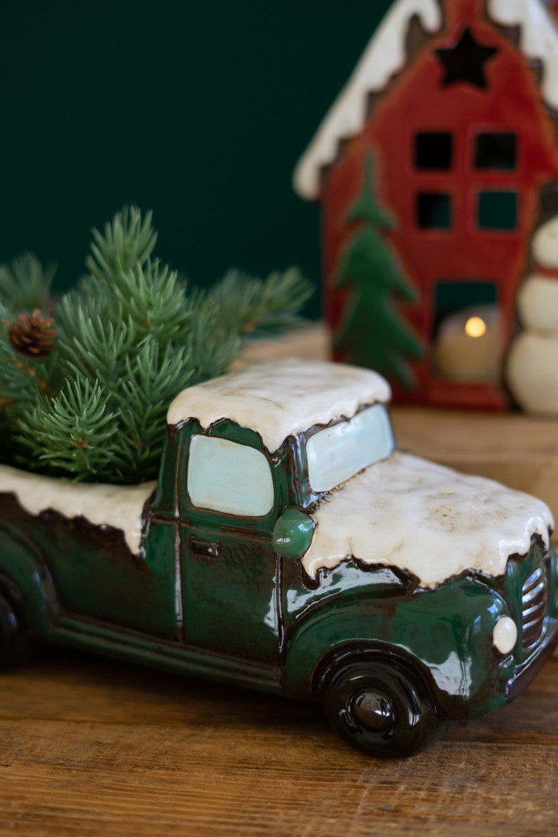 SET OF TWO CERAMIC CHRISTMAS TRUCK AND HOUSE