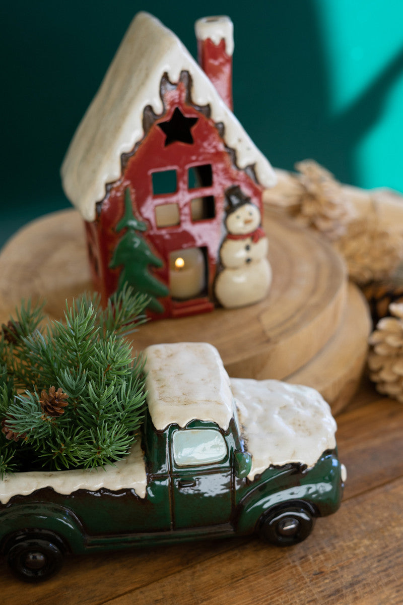 SET OF TWO CERAMIC CHRISTMAS TRUCK AND HOUSE