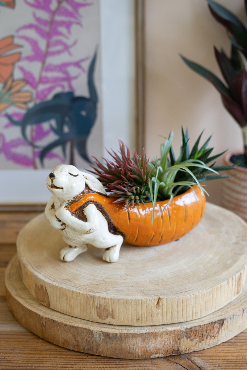 CERAMIC RABBIT PULLING A CARROT PLANTER