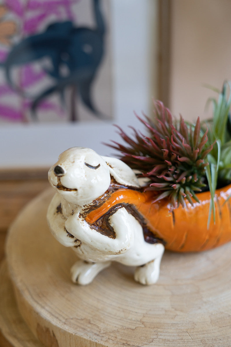 CERAMIC RABBIT PULLING A CARROT PLANTER