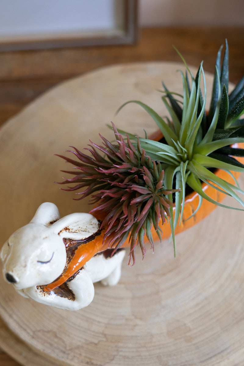 CERAMIC RABBIT PULLING A CARROT PLANTER