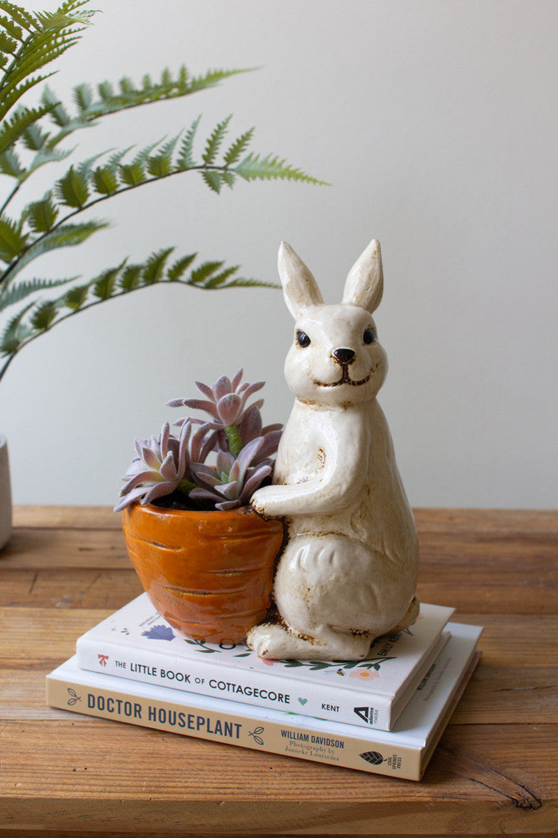 Ceramic Rabbit Holding A Carrot Planter