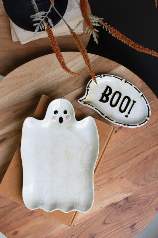 Set of 2 Ceramic Boo and Ghost Serving Platters