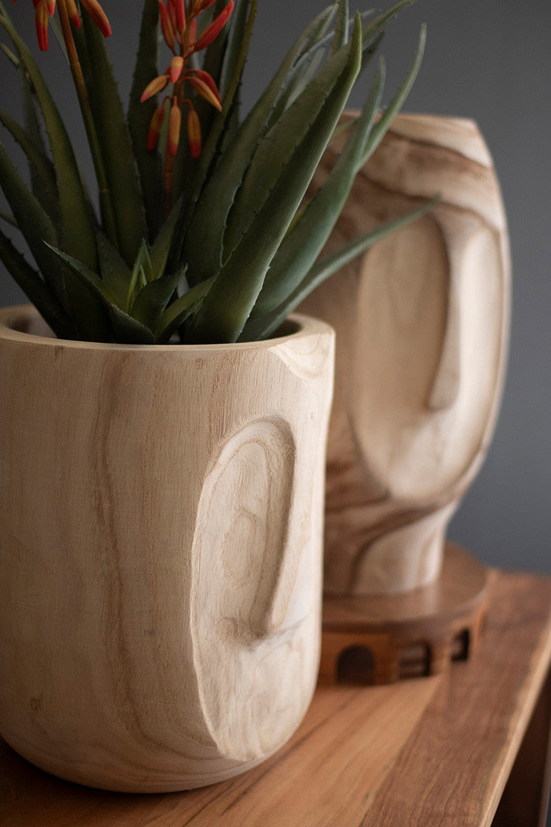 Set of 2 Wood Hand-Carved Face Planters