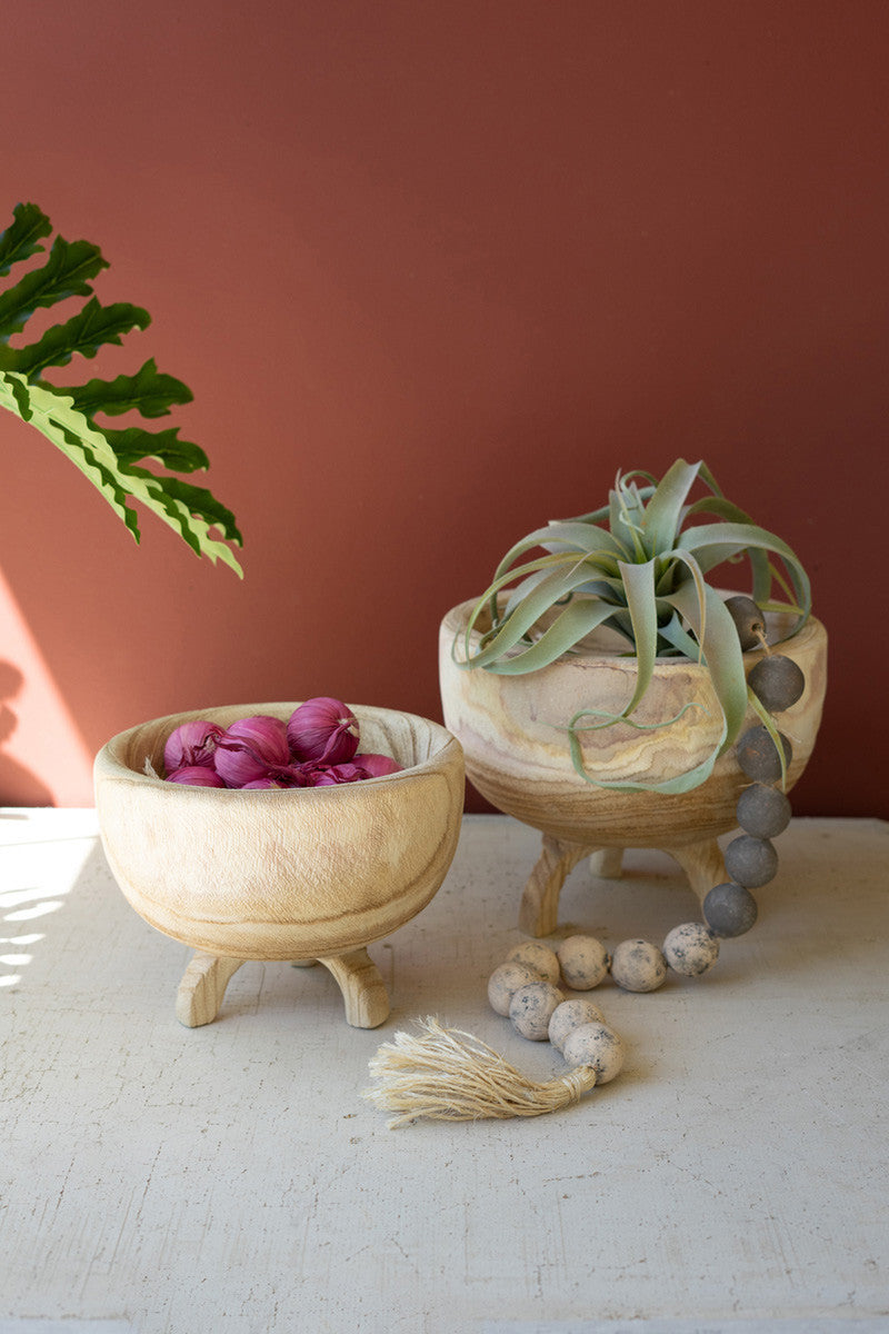 Set of 2 Carved Wooden Bowls with Three Legs