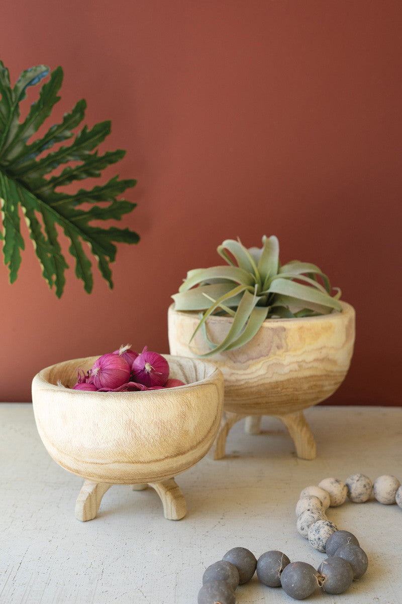 Set of 2 Carved Wooden Bowls with Three Legs