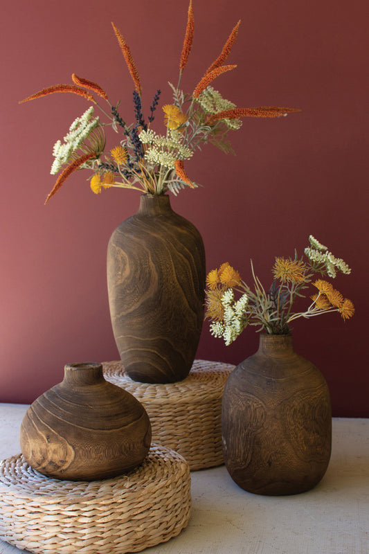 Set of 3 Wooden Vases with Walnut Finish
