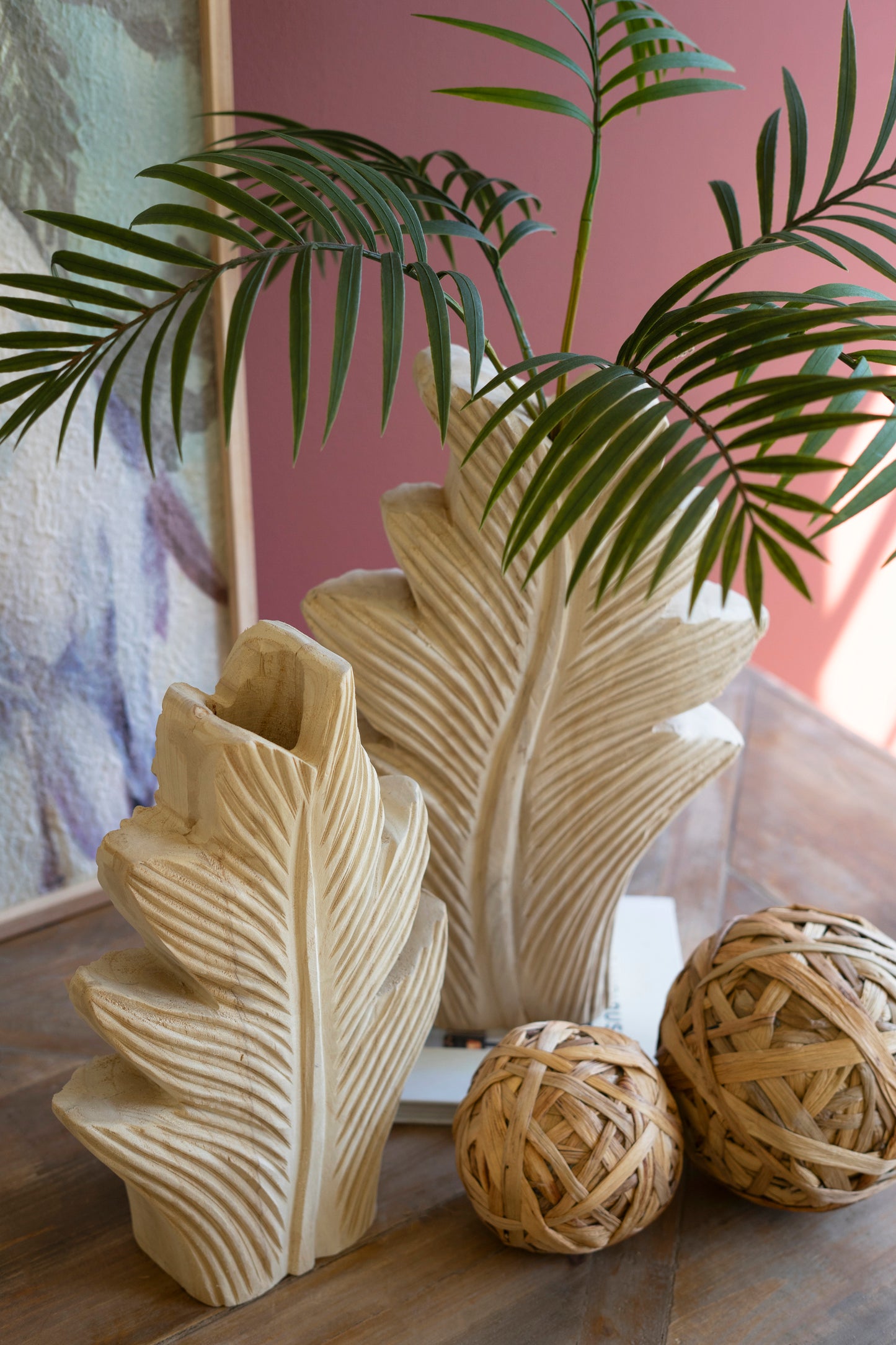 Set of 2 Carved Wood Leaf Vases